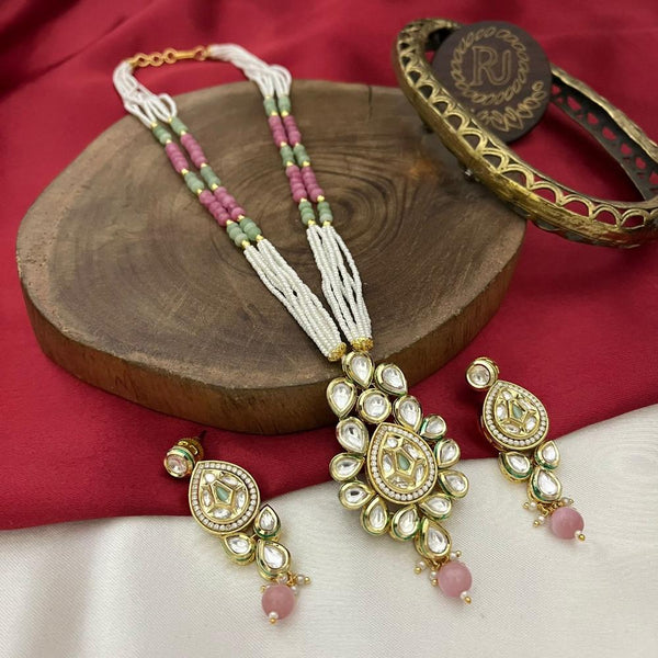 FS Collection Gold Plated Polki Kundan Stone And Pearls Long Necklace Set