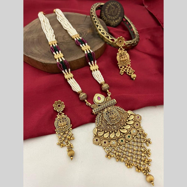 FS Collection Gold Plated Pota Stone And Pearls Temple Long Necklace Set