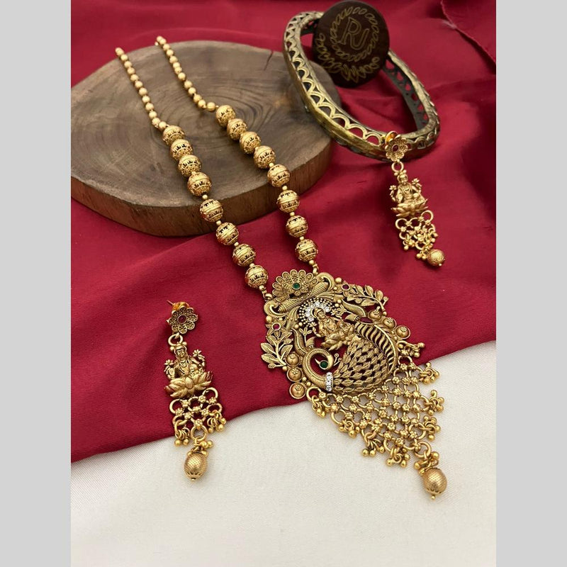 FS Collection Gold Plated Pota Stone And Pearls Temple Long Necklace Set