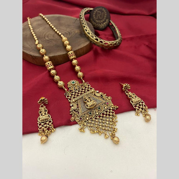 FS Collection Gold Plated Pota Stone And Pearls Temple Long Necklace Set