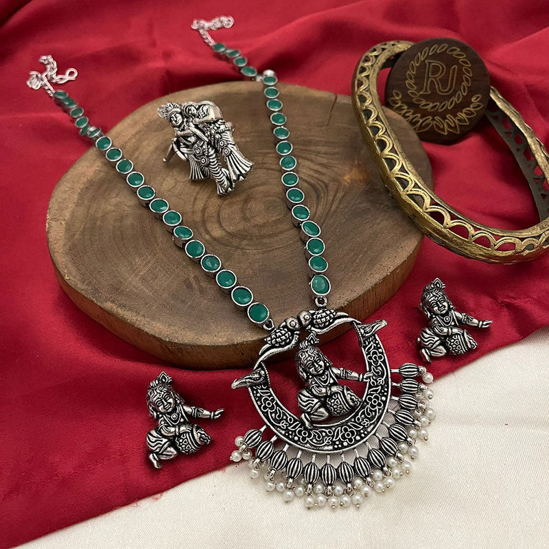 FS Collection Oxidised Plated Pota Stone Temple Long Necklace Set