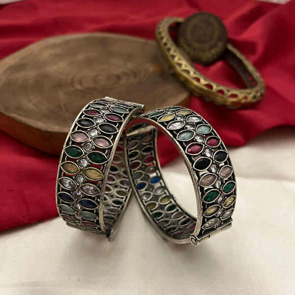 FS Collection Oxidised Plated Pota Stone Openable Bangles Set