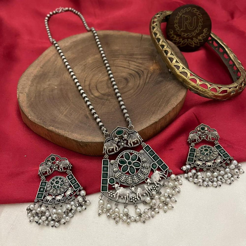 FS Collection Oxidised Plated Pota Stone Necklace Set