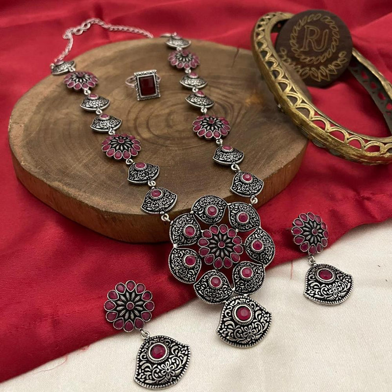 FS Collection Oxidised Plated Pota Stone Necklace Set