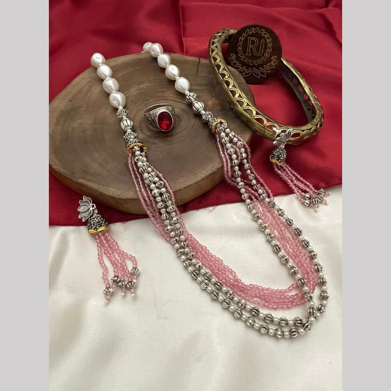 FS Collection Oxidised Plated Pearl And Beads Long  Necklace Set