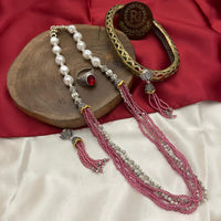FS Collection Oxidised Plated Pearl And Beads Long  Necklace Set