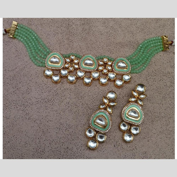 FS Collection Gold Plated Kundan Stone And Beads Choker Necklace Set