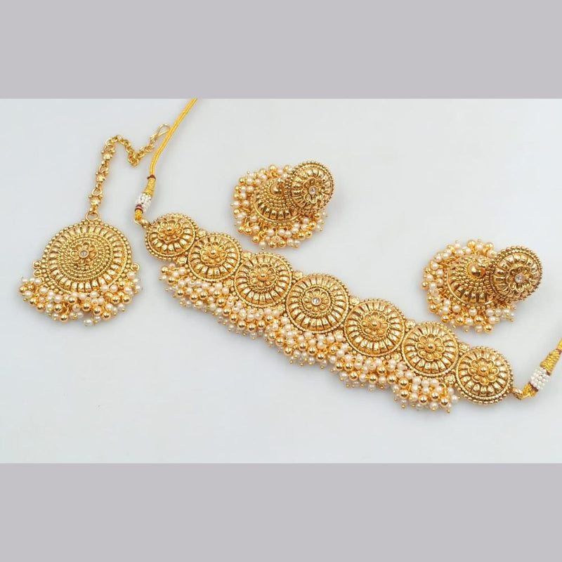 FS Collection Gold Plated Beads & Pearls Choker Necklace Set