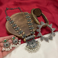 FS Collection Oxidised Plated Pota Stone Necklace Set