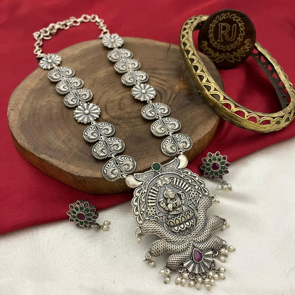 FS Collection Oxidised Plated Pota Stone Temple  Necklace Set