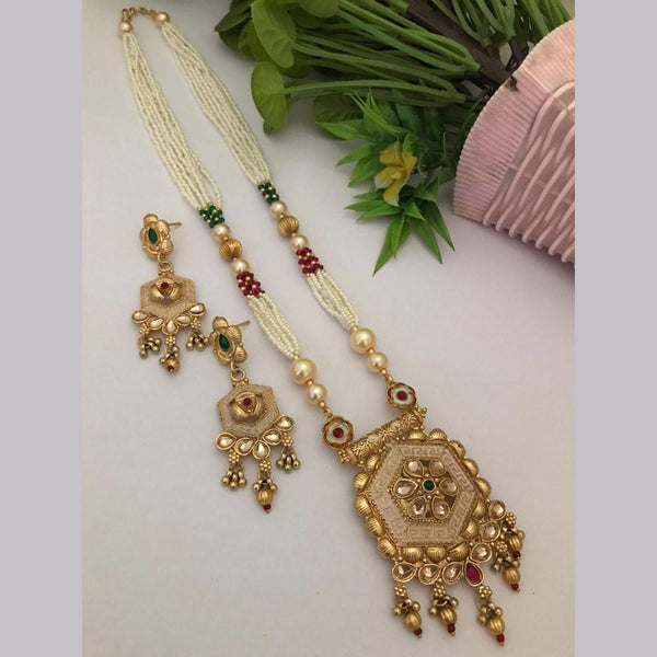 FS Collection Gold Plated Pota Stone And Pearls Long Necklace Set