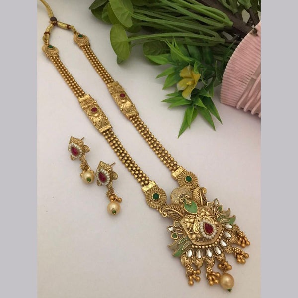 FS Collection Gold Plated Kundan Stone Long Necklace Set