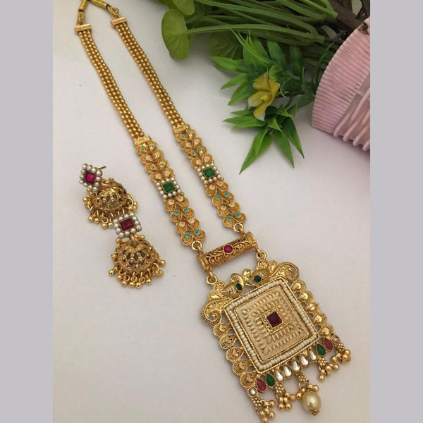 FS Collection Gold Plated Kundan Stone Long Necklace Set