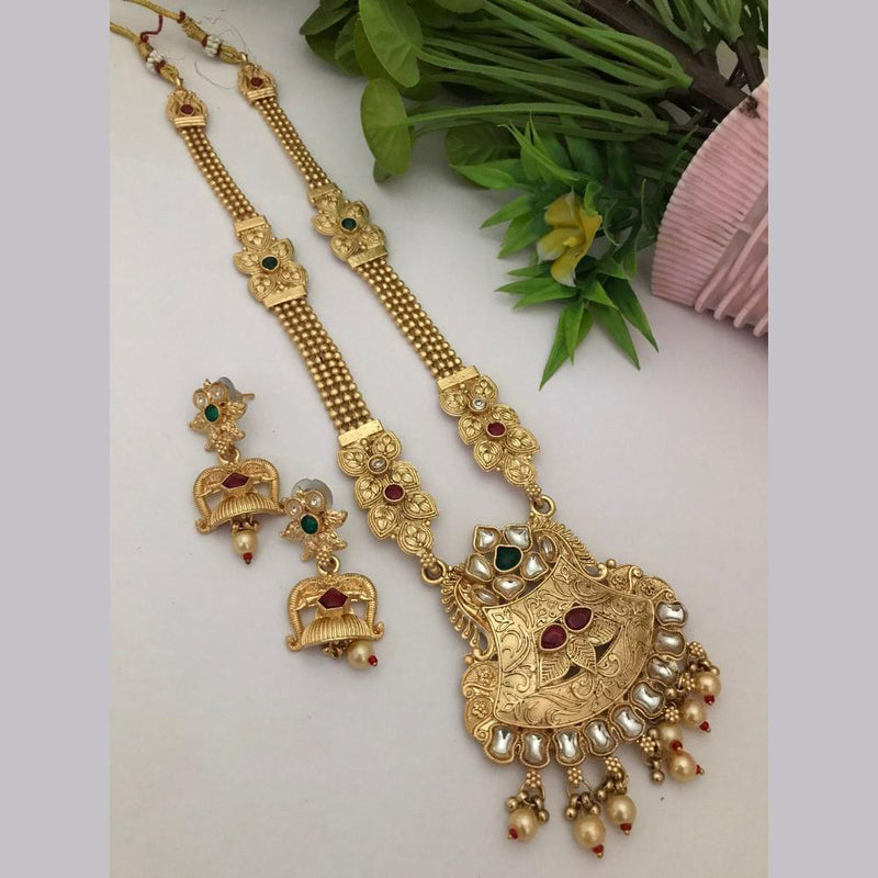 FS Collection Gold Plated Kundan Stone Long Necklace Set