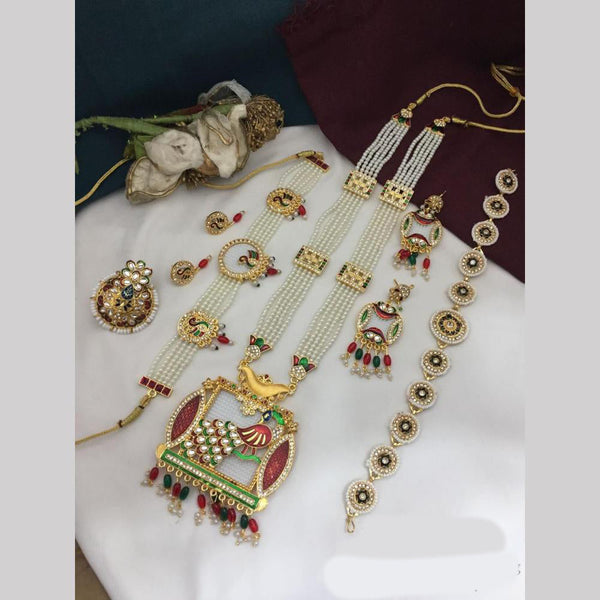 FS Collection Gold Plated Kundan Stone And Pearl Meenakari Combo Set