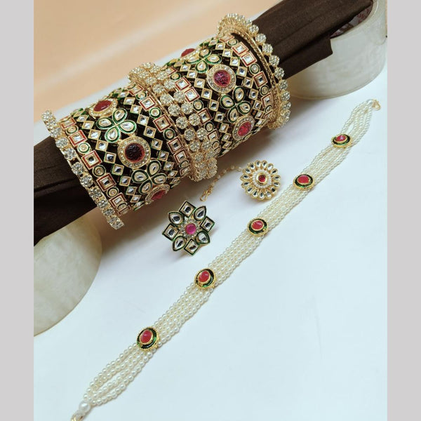 FS Collection Gold Plated Kundan Stone And Pearl Meenakari Combo Set