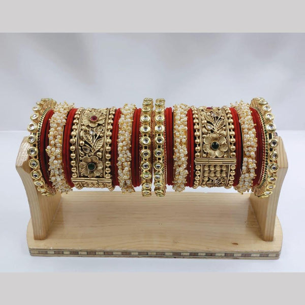 FS Collections Gold Plated Pota Stone And Pearls Bangles Set