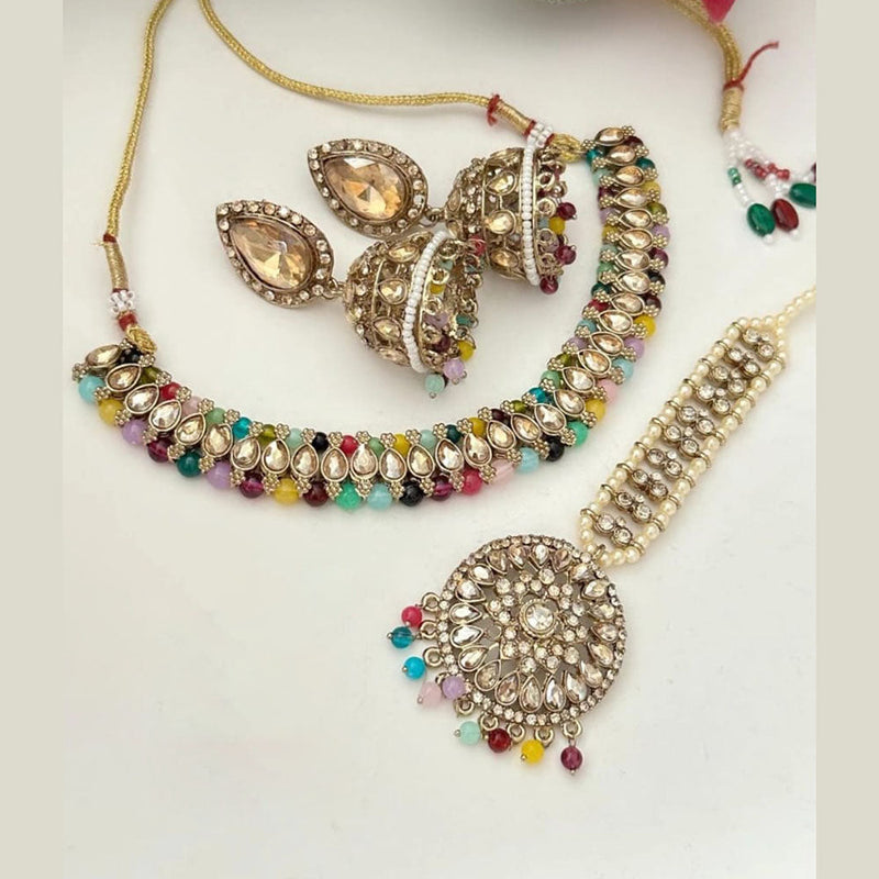 FS Collection Gold Plated Crystal Stone And Pearls Necklace Set