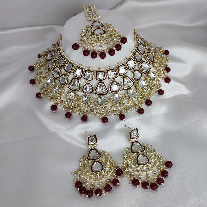 FS Collection Gold Plated Kundan Stone And Pearls Choker Necklace Set