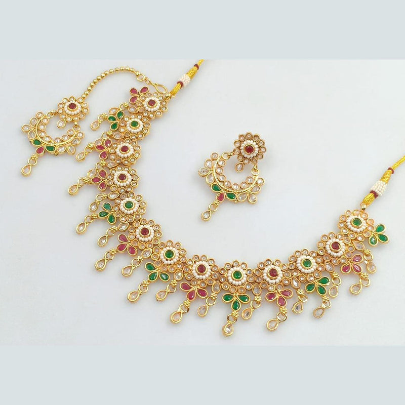 FS Collection Gold Plated Crystal Stone And Pearls Necklace Set