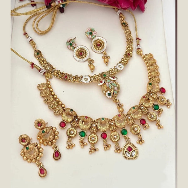 FS Collection Gold Plated Pota Stone And Meenakari Double Necklace Set