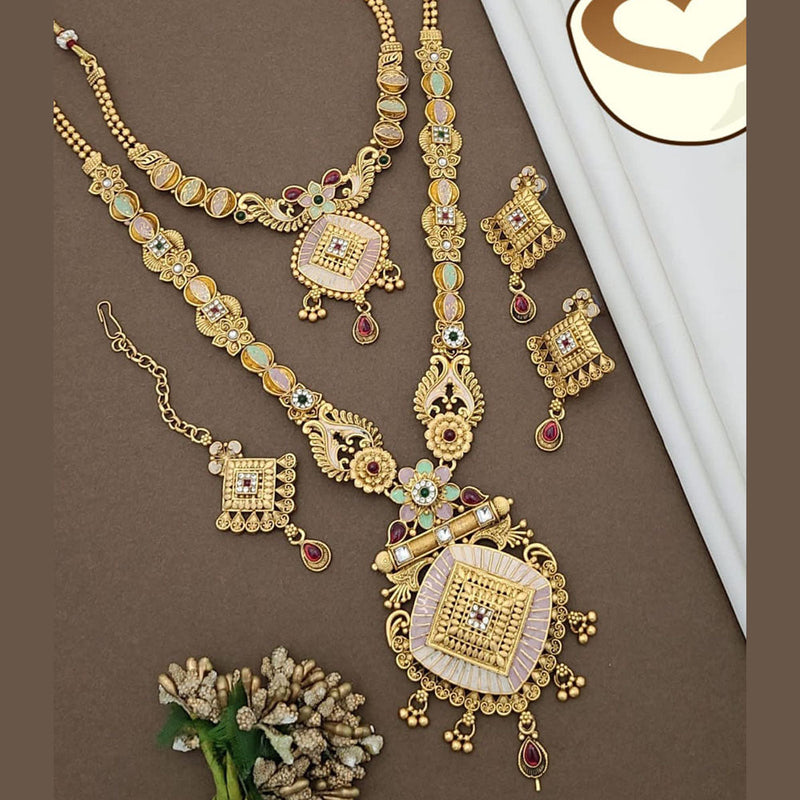 FS Collection Gold Plated Pota Stone And Meenakari Double Necklace Set