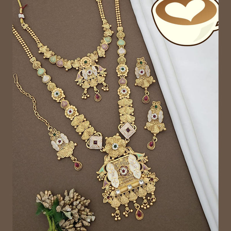 FS Collection Gold Plated Pota Stone And Meenakari Double Necklace Set