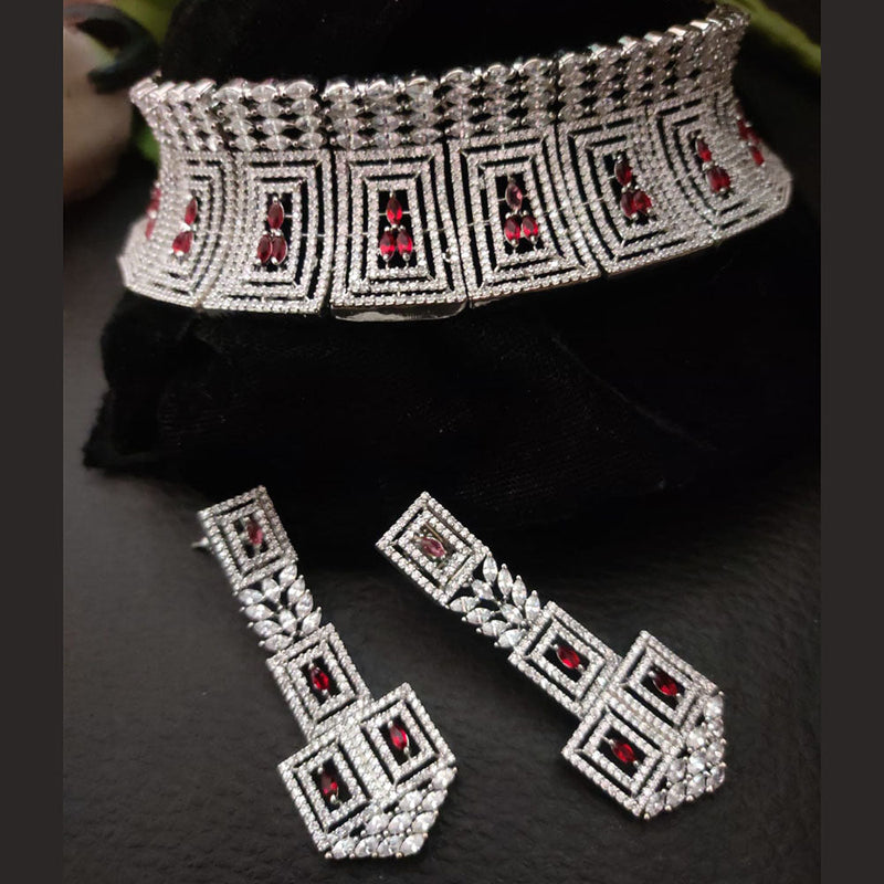 FS Collection Silver Plated American Diamond Choker Necklace Set