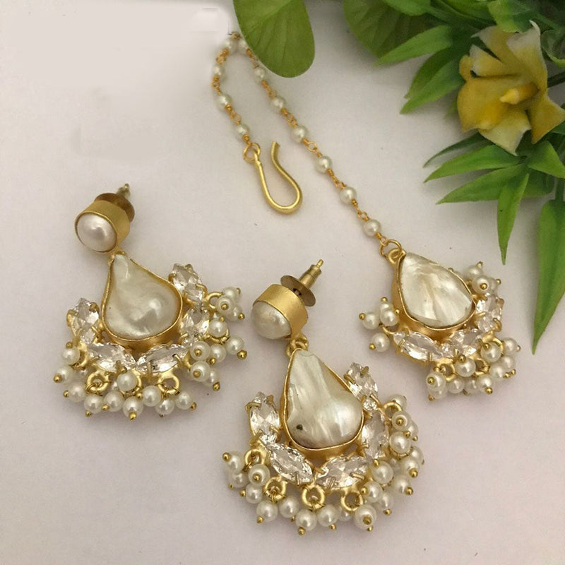 FS Collection Gold Plated Mother Of Pearl Earrings With Maangtikka