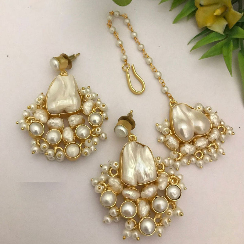 FS Collection Gold Plated Mother Of Pearl Earrings With Maangtikka