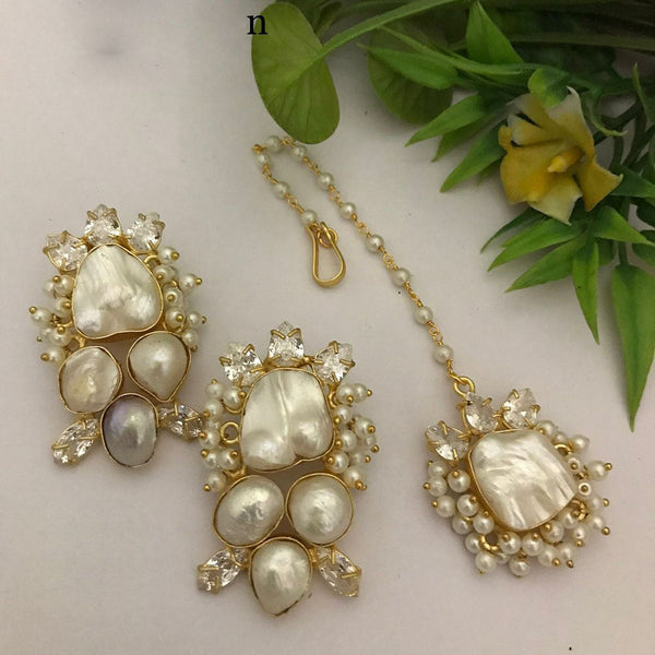 FS Collection Gold Plated Mother Of Pearl Earrings With Maangtikka