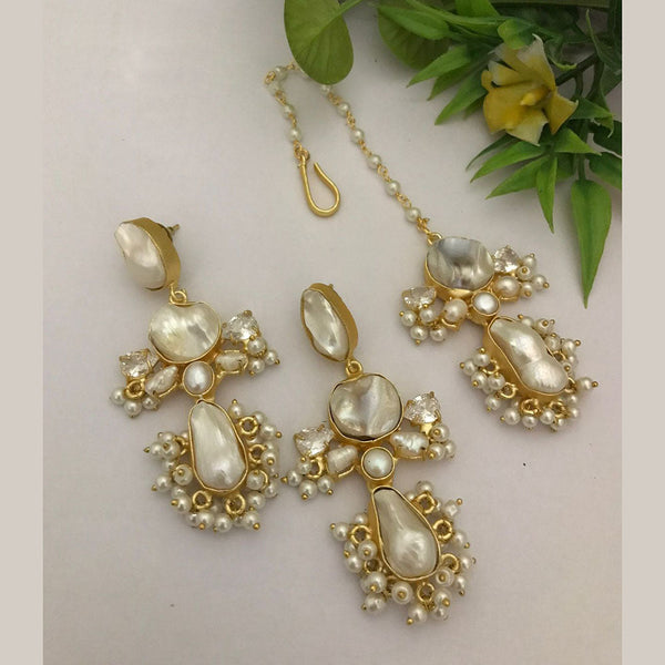 FS Collection Gold Plated Mother Of Pearl Earrings With Maangtikka