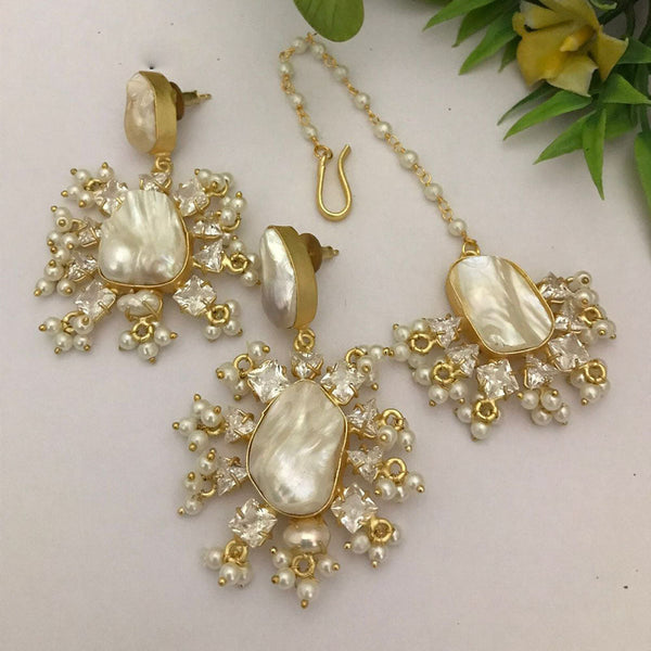 FS Collection Gold Plated Mother Of Pearl Earrings With Maangtikka