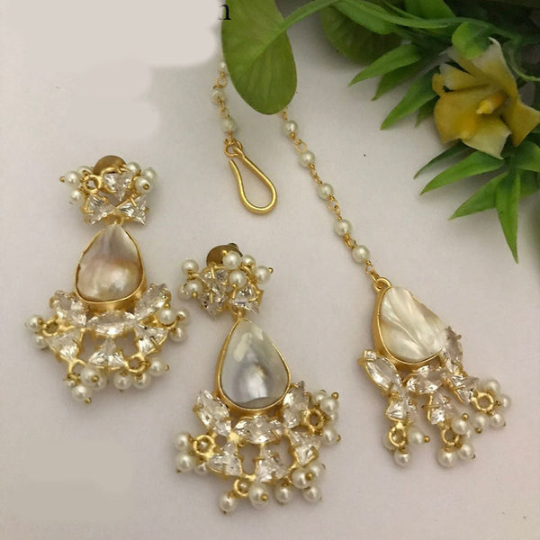 FS Collection Gold Plated Mother Of Pearl Earrings With Maangtikka