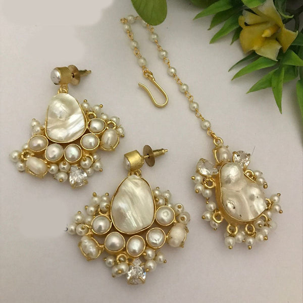 FS Collection Gold Plated Mother Of Pearl Earrings With Maangtikka