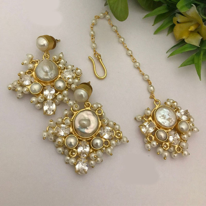 FS Collection Gold Plated Mother Of Pearl Earrings With Maangtikka