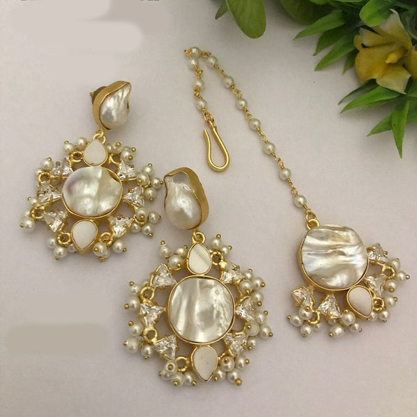 FS Collection Gold Plated Mother Of Pearl Earrings With Maangtikka