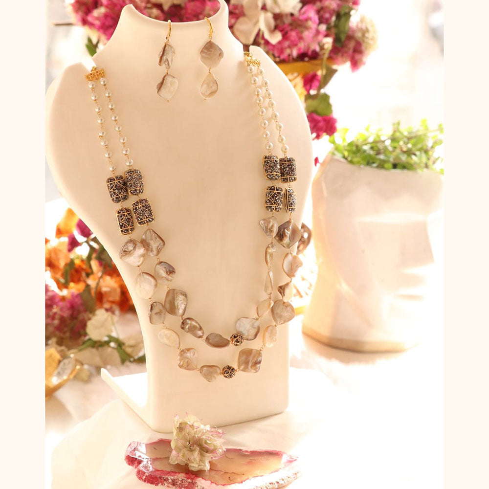 FS Collection Gold Plated Mother Of Pearls Long Necklace Set