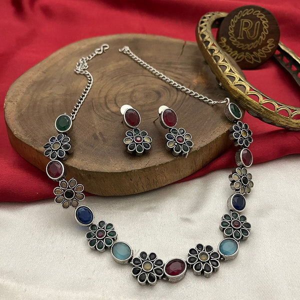 FS Collection Oxidised Plated Pota Stone Necklace Set