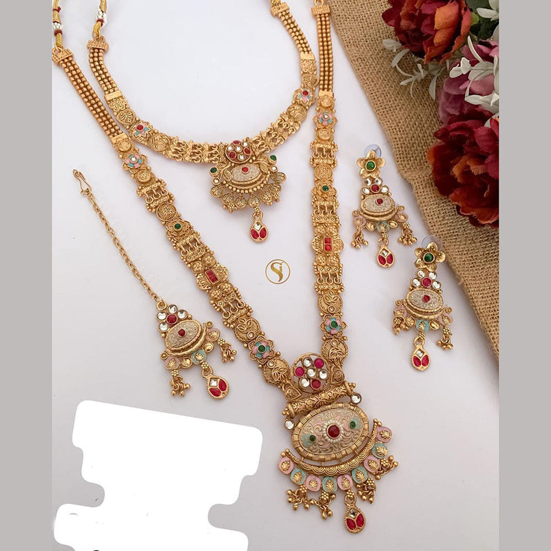 FS Collection Gold Plated Pota Stone And Meenakari Double Necklace Set