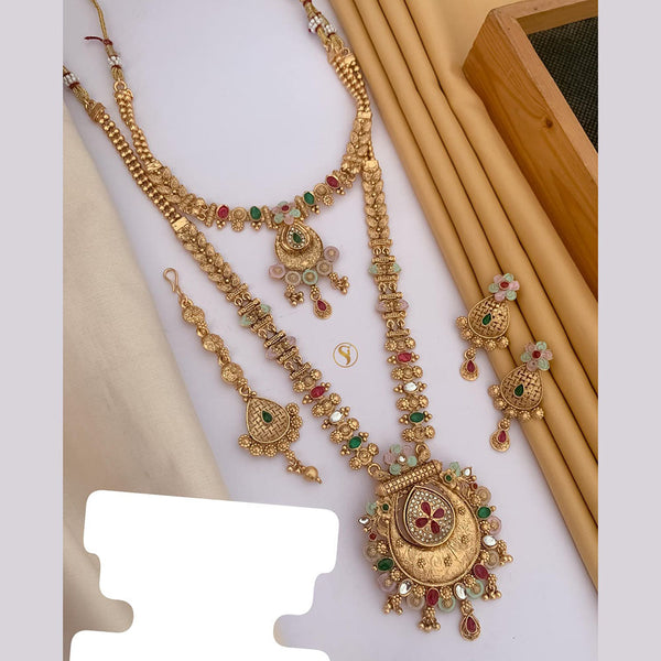 FS Collection Gold Plated Pota Stone And Meenakari Double Necklace Set