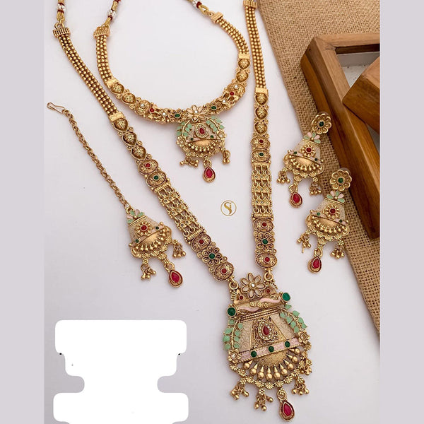 FS Collection Gold Plated Pota Stone And Meenakari Double Necklace Set