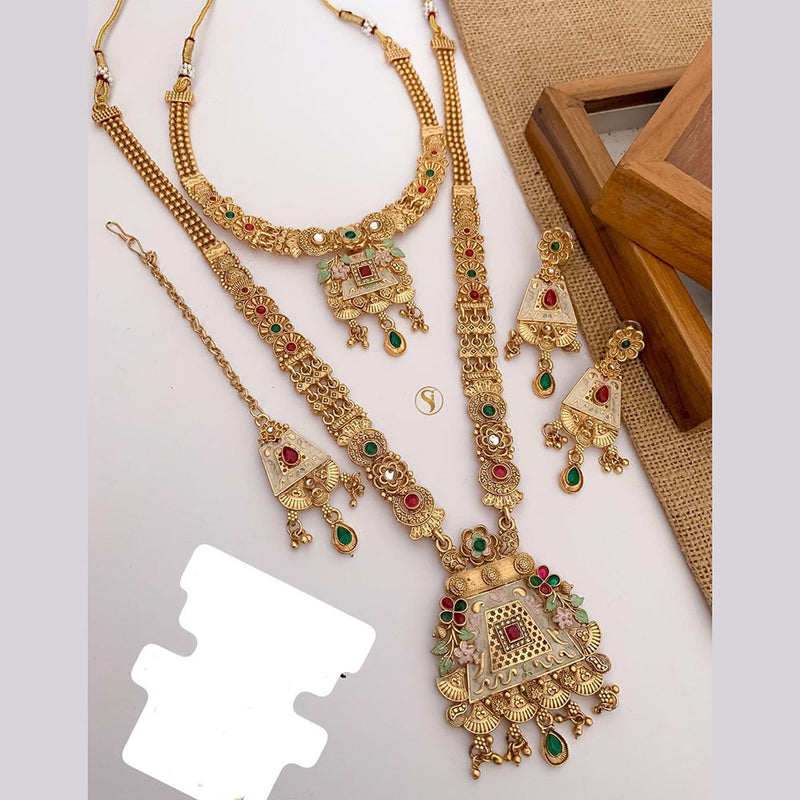 FS Collection Gold Plated Pota Stone And Meenakari Double Necklace Set