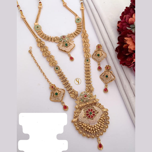 FS Collection Gold Plated Pota Stone And Meenakari Double Necklace Set