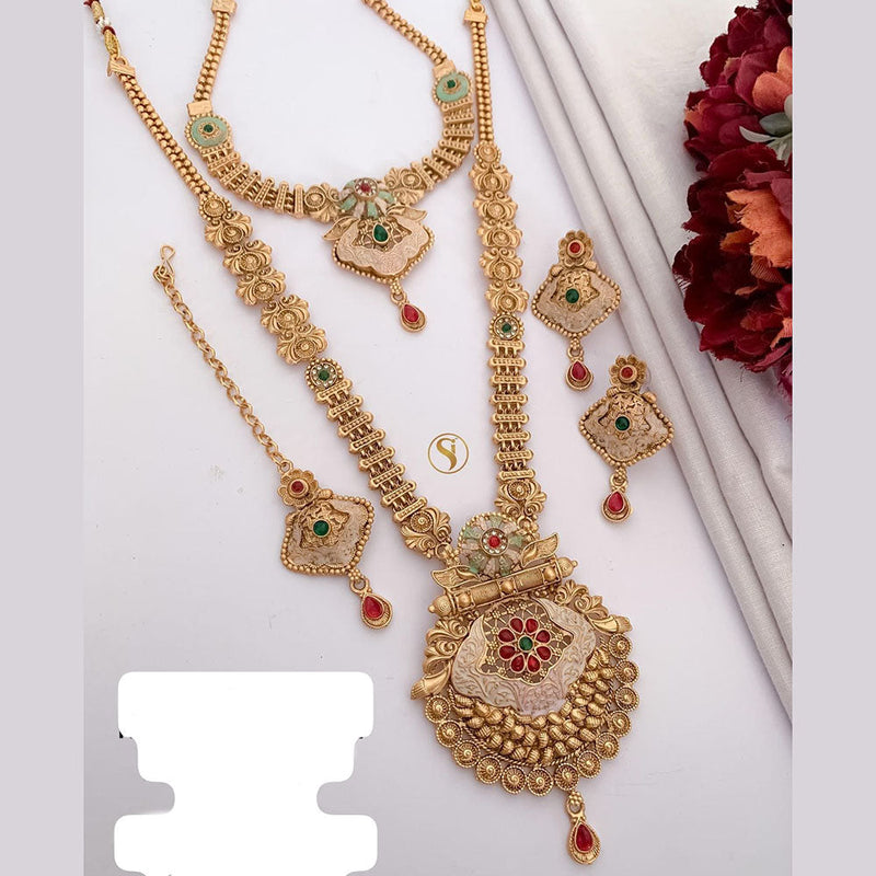 FS Collection Gold Plated Pota Stone And Meenakari Double Necklace Set