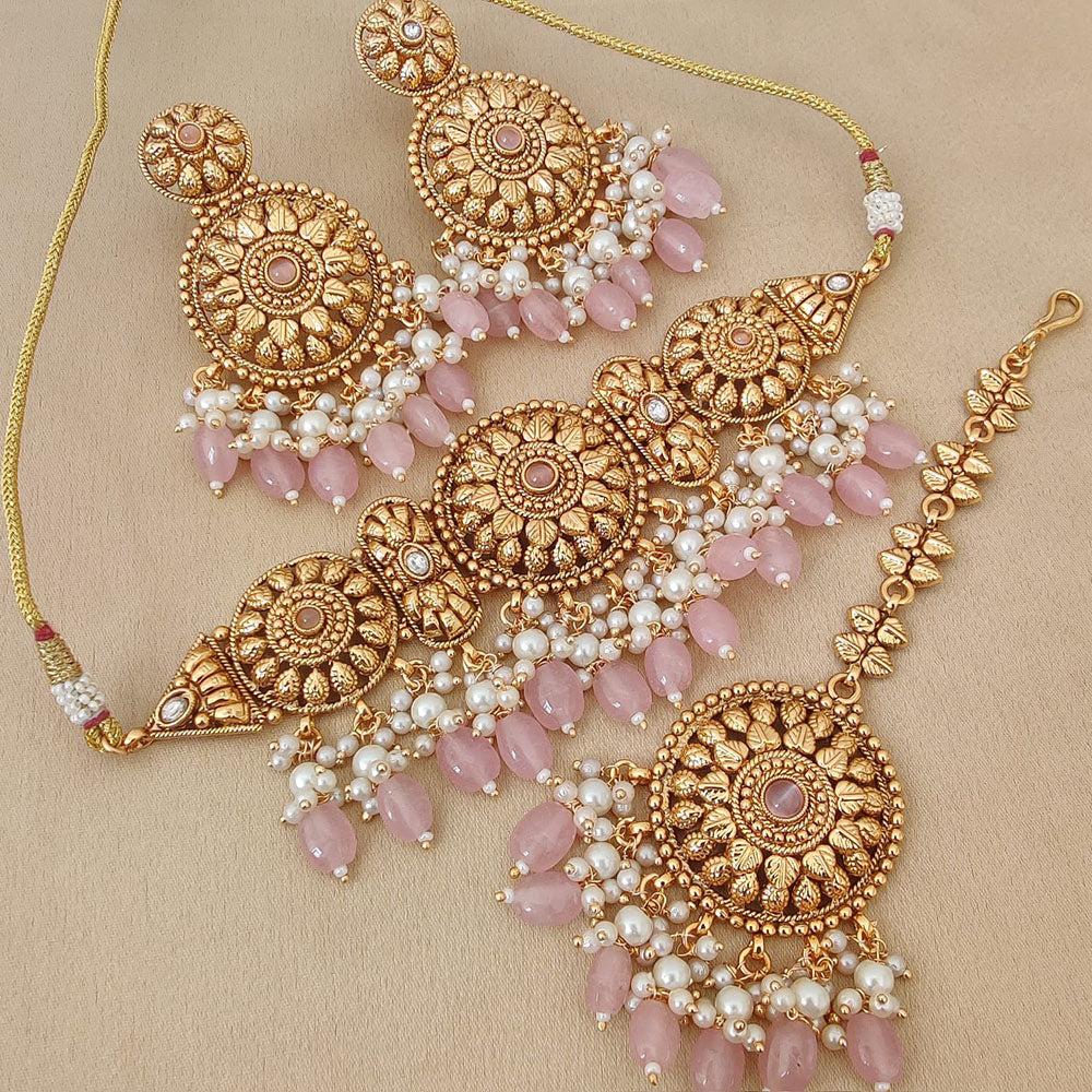 FS Collection Gold Plated Pota Stone And Pearls Choker Necklace Set