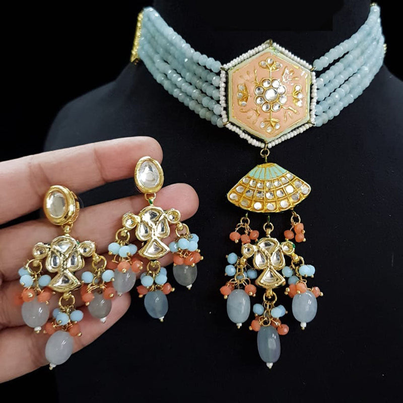 FS Collection Gold Plated Kundan Stone And Beads Choker Necklace Set