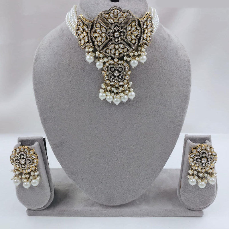 FS Collection Gold Plated Kundan Stone And Pearls Choker Necklace Set