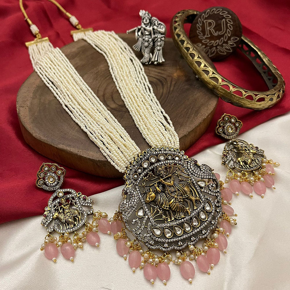 FS Collection Gold Plated Kundan Stone And Pearls Temple Necklace Set