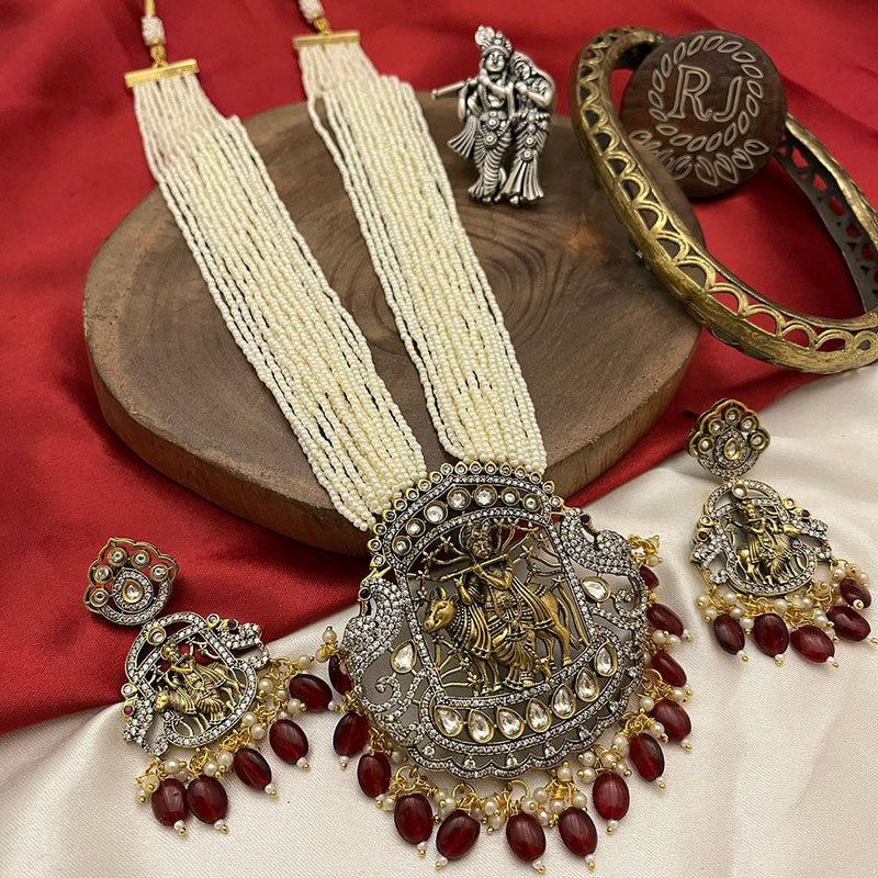 FS Collection Gold Plated Kundan Stone And Pearls Temple Necklace Set